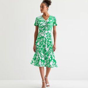 Perceptions Womens Short Sleeve Floral Midi Fit + Flare Dress, Green Sz M